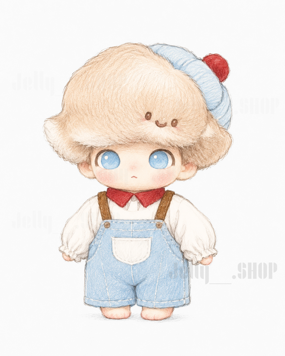 open box POP MART DIMOO plush figure in blue overalls with a fluffy hat and big blue eyes