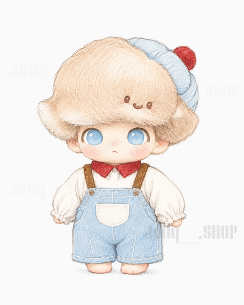 open box POP MART DIMOO plush figure in blue overalls with a fluffy hat and big blue eyes