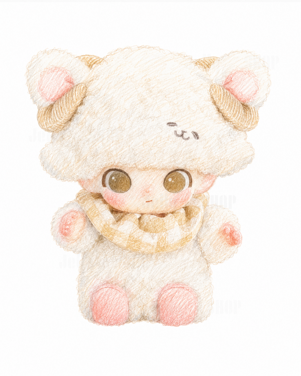 Cute POP MART DIMOO Softie Sheep plush pendant character illustration in soft colors, wearing a cozy scarf.