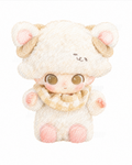 Cute POP MART DIMOO Softie Sheep plush pendant character illustration in soft colors, wearing a cozy scarf.