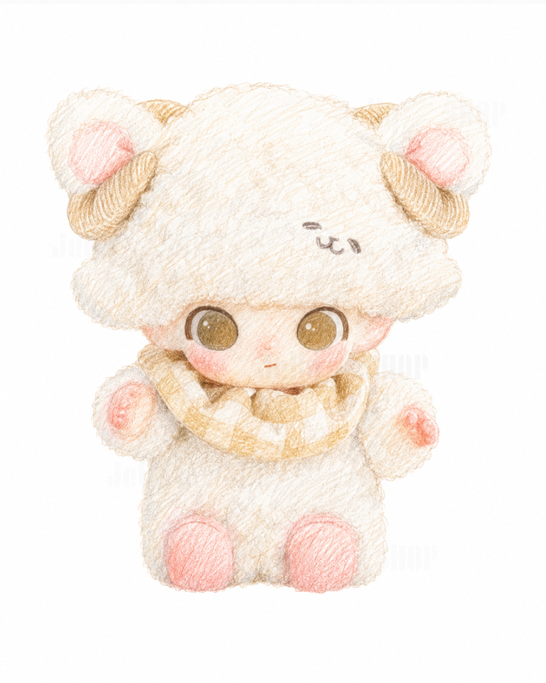 Cute POP MART DIMOO Softie Sheep plush pendant character illustration in soft colors, wearing a cozy scarf.