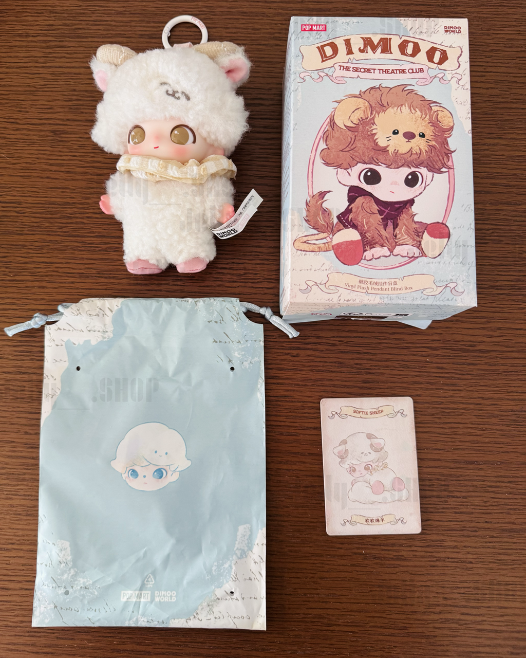 Cute POP MART DIMOO Softie Sheep plush pendant character illustration in soft colors, wearing a cozy scarf.